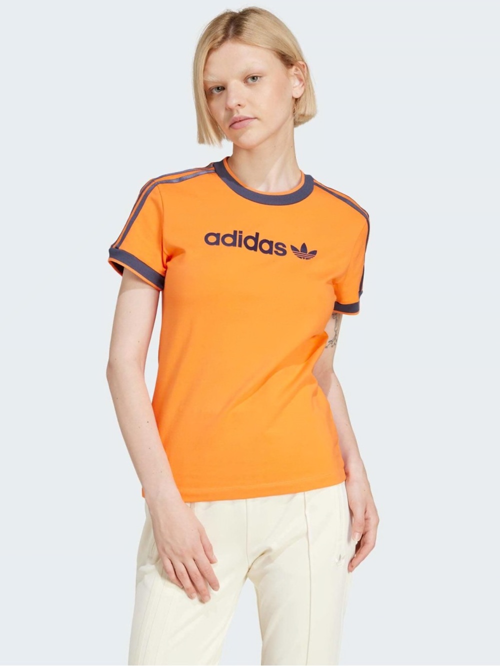 Adidas Originals Linear Logo 3-Stripes Ringer Tee Orange Women’s Large